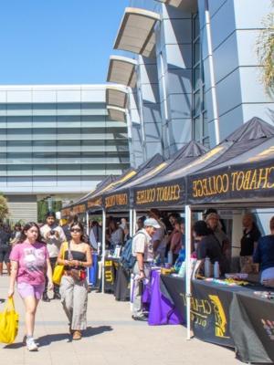 visitors walking past a line of booths